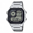 CASIO AE-1200WHD-1AV Reloj Digital para Hombre – Retro, Hora Mundial, Acero Inoxidable, Wr 100M, Batería de 10 Años