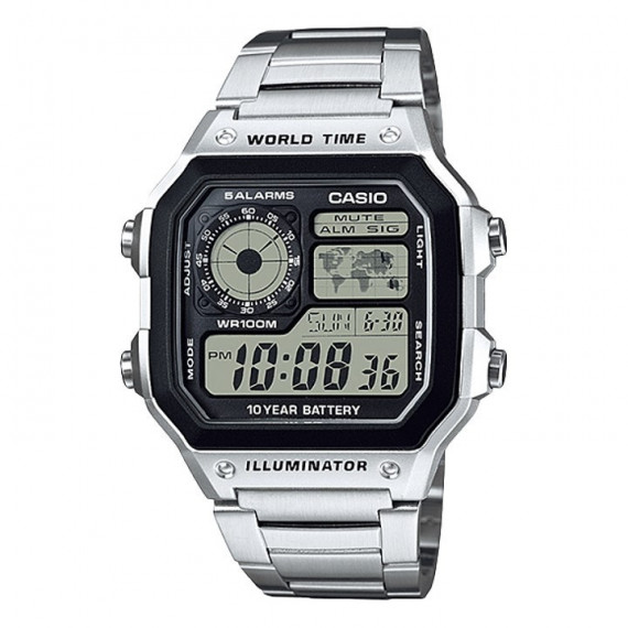 CASIO AE-1200WHD-1AV Reloj Digital para Hombre – Retro, Hora Mundial, Acero Inoxidable, Wr 100M, Batería de 10 Años