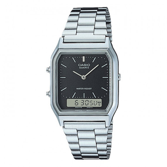 CASIO AQ-230A-1DMQ Reloj Retro Doble Pantalla – Esfera Negra, Correa de Acero Inoxidable, Estilo Vintage, Wr