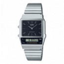 CASIO AQ-800E-1A Reloj Unisex Retro – Esfera Negra con Cuadrícula, Acero Inoxidable, Pantalla Dual, Estilo Vintage, Wr