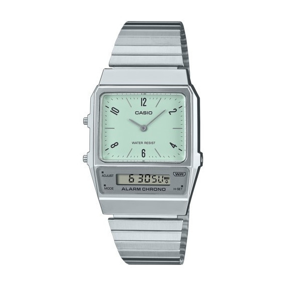 CASIO AQ-800E-3A Reloj Unisex Retro – Esfera Verde Pastel, Acero Inoxidable, Estilo Vintage con Pantalla Dual, Wr