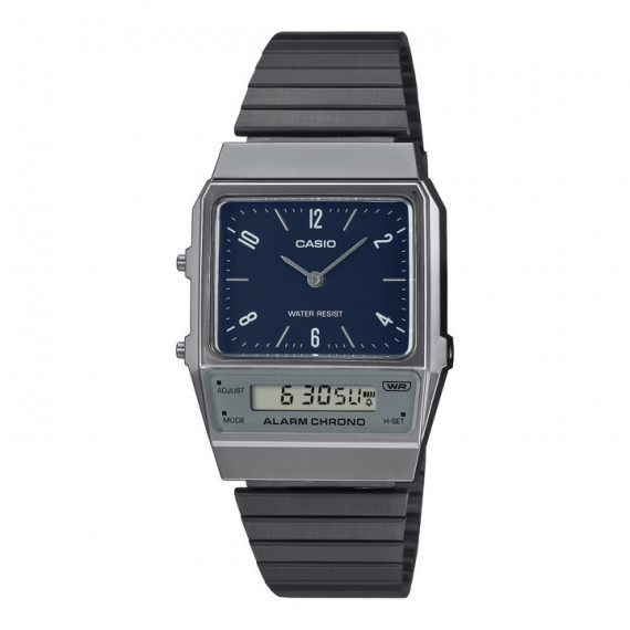 CASIO AQ-800EB-2A Reloj Unisex Retro – Esfera Azul Marino, Correa Textil Negra, Doble Pantalla, Estilo Vintage, Wr