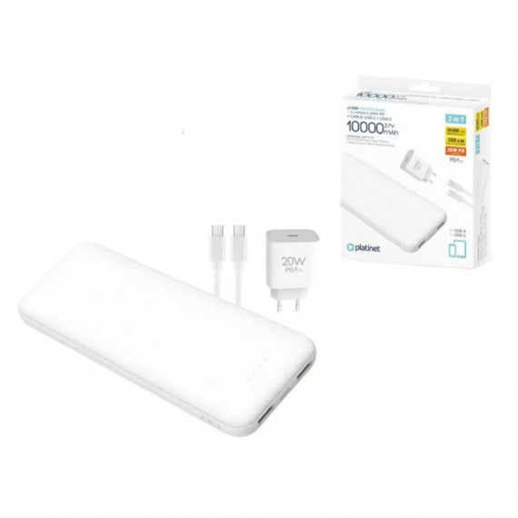 PLATINET Powerbank 10.000MAH + Cargador 20W + Cable Usb-c Blanco