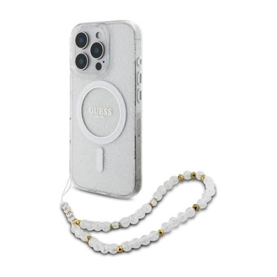 GUESS Funda Glitter Transparente Magsafe con Colgador Perlas  para Iphone 16 Pro