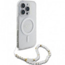 GUESS Funda Glitter Transparente Magsafe con Colgador Perlas  para Iphone 16 Pro