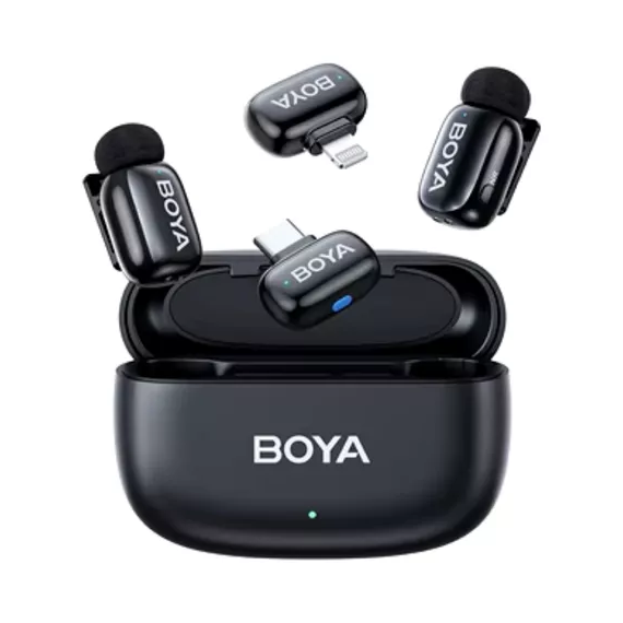 Micrófono Inalámbrico BOYA MINI-12 con Conexión Usb-c + Conexión Lightning con Estuche de Carga Negro (2TX + 2RX)