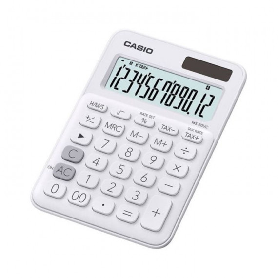 CASIO MS-20UC-WE Calculadora de Escritorio Blanca – 12 Dígitos, Cálculo de Impuestos, Diseño Compacto, Solar + Batería