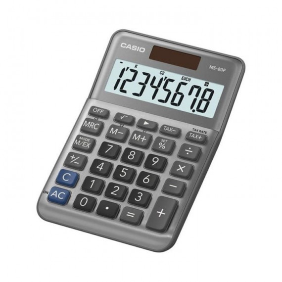 CASIO MS-80F Calculadora de Escritorio – 8 Dígitos, Conversión de Divisas, Impuestos, Solar + Batería, Pantalla Inclinada