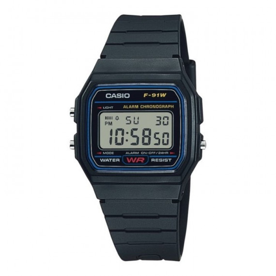 CASIO F-91W-1 – Reloj Digital Clásico Unisex, Negro con Detalles Azul y Rojo, Wr