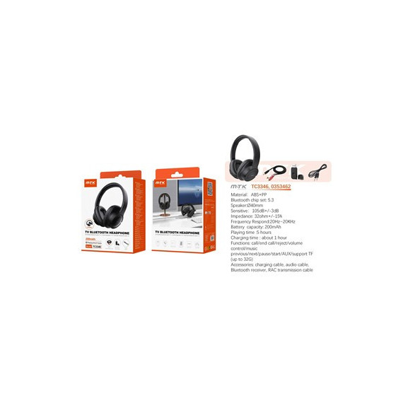 MTK Auricular de Casco BLUETOOTH para TV TC3346 Plegable Negro ,manos Libres,ranura Micro Sd