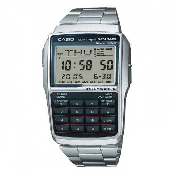 CASIO DBC-32D-1A Reloj Calculadora Vintage – Data Bank, Multilingüe, Acero Inoxidable, Batería 10 Años