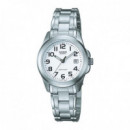 CASIO LTP-1259PD-7B Reloj Clásico de Mujer – Acero Inoxidable, Esfera Blanca con Fecha, Wr