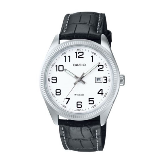 CASIO MTP-1302PL-7B Reloj Clásico de Hombre con Correa de Piel Negra – Esfera Blanca, Calendario, Wr 50M