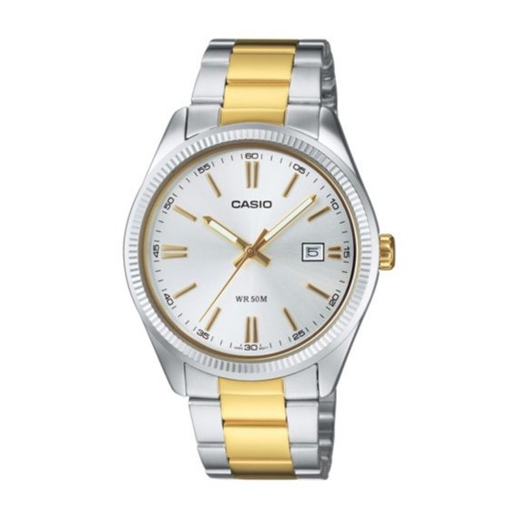CASIO MTP-1302PSG-7A Reloj de Pulsera Hombre Bicolor Acero y Dorado – Esfera Plateada, Calendario, Wr 50M