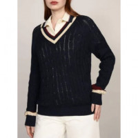 TOMMY HILFIGER - Varsity Cable V-nk Sweater Ls - C1G - F|WW0WW43972/C1G