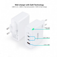 Cargador de Pared TOOQ 100W Usb-a/qc+ 2XUSB-C/PD White