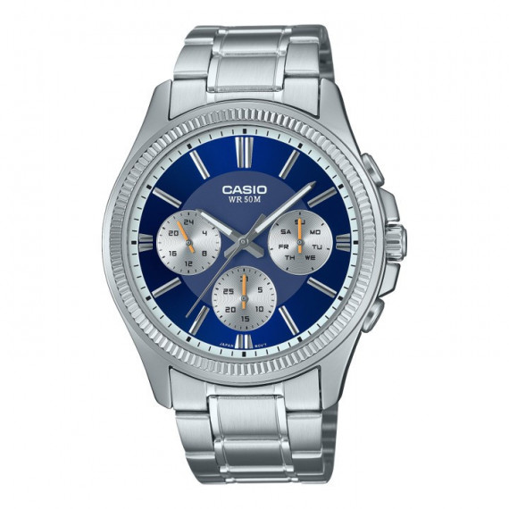 CASIO MTP-1375PD-2A1 Reloj Analógico para Hombre - Esfera Azul Oscuro, Multifunción, Acero Inoxidable, Wr 50M