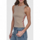 Camiseta sin Mangas Acanalada con Ribete Lateral del Logotipo de DKNY