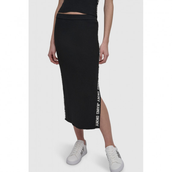 Falda MIDI de Canalé con Logo Lateral y Abertura Lateral de DKNY