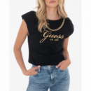Camiseta GUESS Crystal Negra Logo Dorado