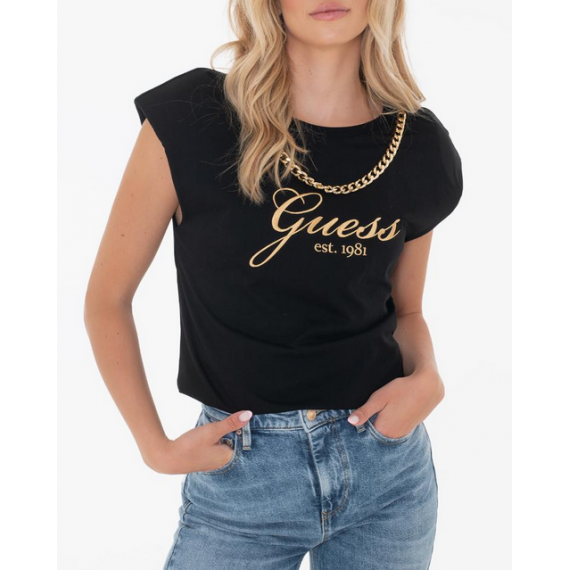 Camiseta GUESS Crystal Negra Logo Dorado