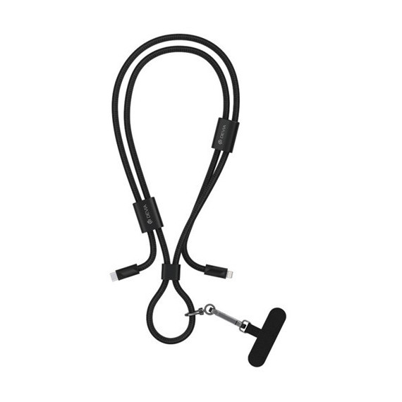 DEVIA 2 en 1 Cable Datos Lightning  a Tipo C 3A 27W + Colgador Movil Ajustable 1.6MTRS Nylon Negro