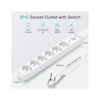 Aigostar Regleta 6 Enchufes Schuko con Interruptor 3680W Cable 3MTRS Blanca GE0601  LALO
