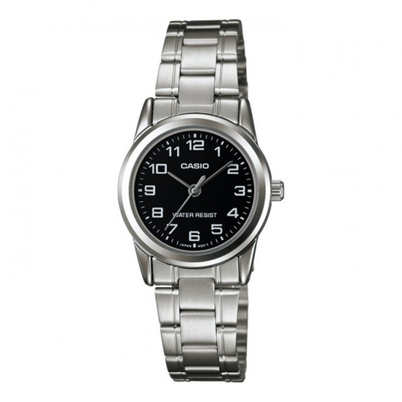 CASIO LTP-V001D-1B Reloj Analógico de Mujer - Esfera Negra con Números Blancos - Correa de Acero Inoxidable