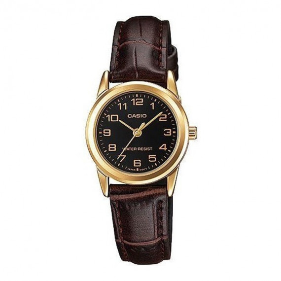 CASIO LTP-V001GL-1B Reloj Analógico de Mujer - Caja Dorada y Esfera Negra - Correa Marrón Estilo Cuero