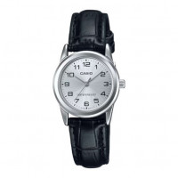 CASIO LTP-V001L-7B Reloj Analógico de Mujer - Esfera Plateada con Números Negros - Correa de Cuero Negra