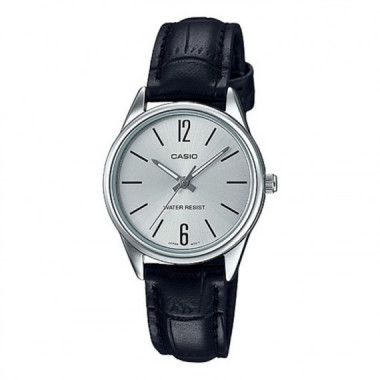 CASIO LTP-V005L-7B Reloj Analógico de Mujer - Esfera Plateada Minimalista - Correa de Cuero Negra y Resistente Al Agua