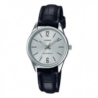 CASIO LTP-V005L-7B Reloj Analógico de Mujer - Esfera Plateada Minimalista - Correa de Cuero Negra y Resistente Al Agua