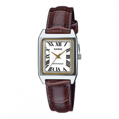 CASIO LTP-V007L-7B2 Reloj Analógico de Mujer - Estilo Vintage con Números Romanos - Caja Plateada y Correa Marrón