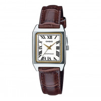 CASIO LTP-V007L-7B2 Reloj Analógico de Mujer - Estilo Vintage con Números Romanos - Caja Plateada y Correa Marrón