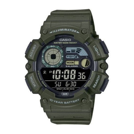 CASIO WS-1500H-3B Reloj Hombre Deportivo Verde Militar Fase Lunar y Hora de Pesca Wr 100M Batería 10 Años