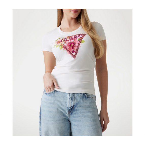 Camiseta GUESS Triángulo Floral Blanca