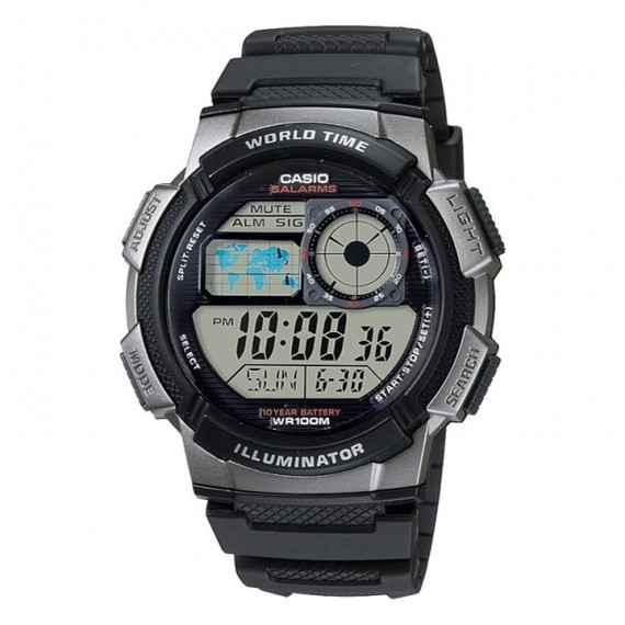 CASIO AE-1000W-1B Reloj Digital Deportivo con Mapa Mundial, Hora Mundial y Wr 100M – Batería 10 Años