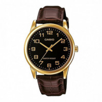 CASIO MTP-V001GL-1B Reloj Clásico Dorado con Esfera Negra y Correa de Cuero Marrón para Hombre