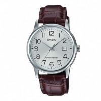 CASIO MTP-V002L-7B2 Reloj Clásico para Hombre con Correa de Cuero Marrón y Esfera Plateada con Fecha
