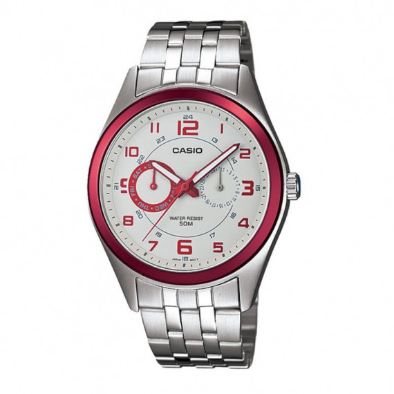 CASIO MTP-1353D-8B3 Reloj Hombre Acero Inoxidable Plata con Detalles Rojos Wr 50M Estilo Deportivo Elegante
