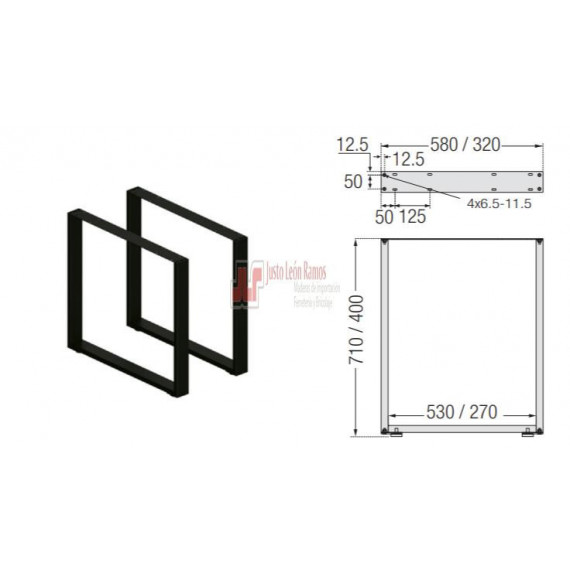 Pata Mesa Cuadrado 710x580 Mm Negro Mate