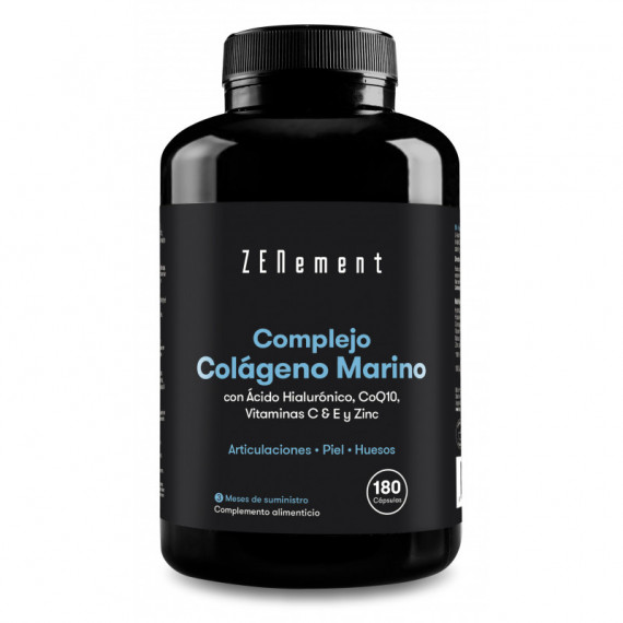 Zn- Complejo de Colágeno Marino, con ácido Hialurónico, COQ10, Vitaminas C & E y Zinc - 180 Cápsulas  ZENEMENT