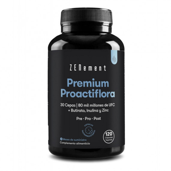 Zn- Premium Proactiflora, 30 Cepas - 80 Mil Millones Ufc, con Zinc, Butirato E Inulina - 120 Cápsulas  ZENEMENT