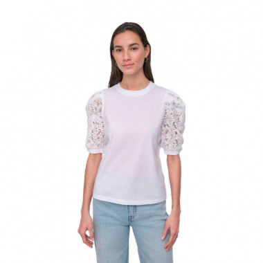Camiseta Lace Puff Sleeve Crew Neck  DKNY