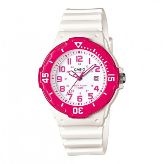 CASIO LRW-200H-4B Reloj Analógico para Mujer - Bisel Fucsia, Correa Blanca, Resistente Al Agua 100M y Estilo Deportivo