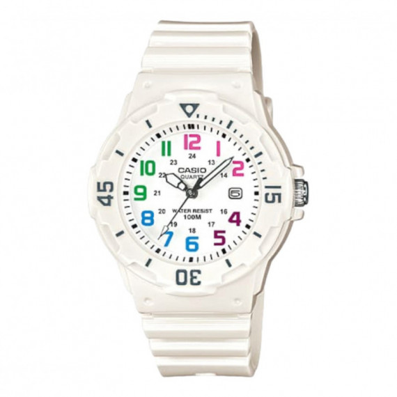 CASIO LRW-200H-7B Reloj Analógico para Mujer - Números Multicolor, Correa Blanca, Resistente Al Agua 100M y Estilo Juvenil