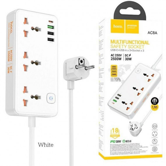 HOCO AC8A Regleta Multipaís USB 30W Blanco