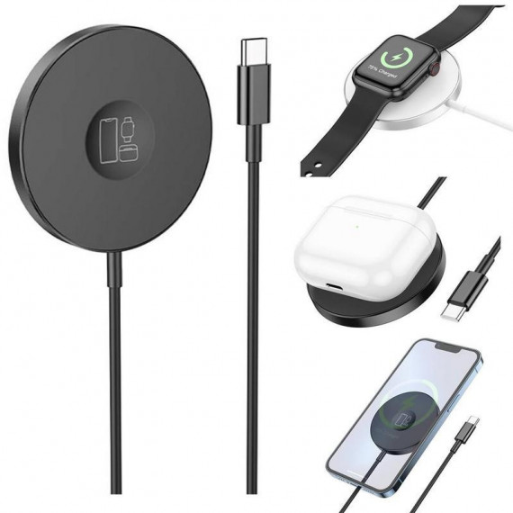 BOROFONE BQ18 Energy Cargador Inalámbrico 3 en 1 Magsafe 15W Negro