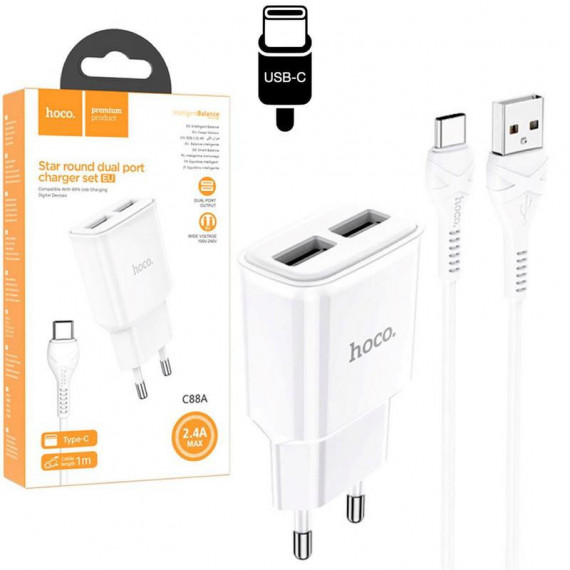 HOCO C88A Star Round Cargador Dual Usb-c Blanco