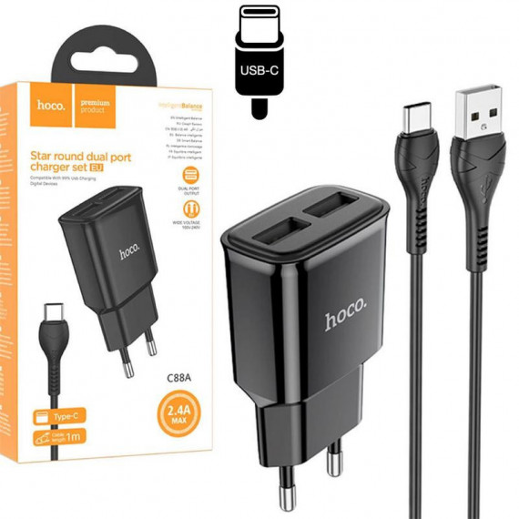 HOCO C88A Cargador Dual USB Star Round + Cable Tipo C